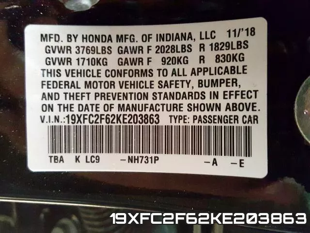 19XFC2F62KE203863 фото 2