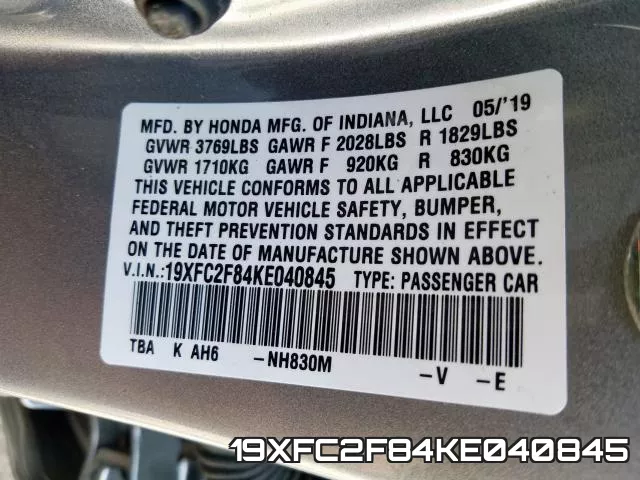 19XFC2F84KE040845 фото 2