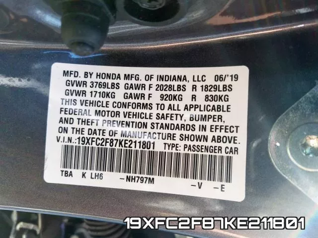 19XFC2F87KE211801 фото 2