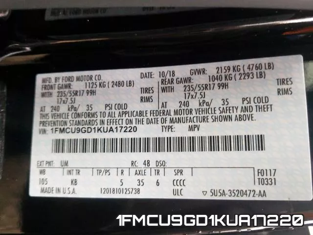 1FMCU9GD1KUA17220 фото 2