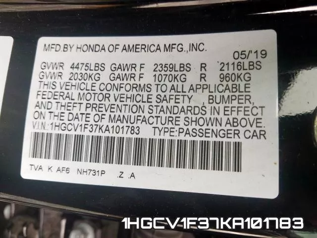1HGCV1F37KA101783 фото 2