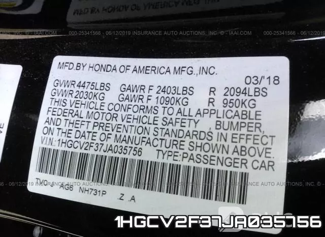 1HGCV2F37JA035756 фото 10