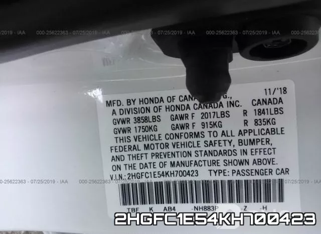 2HGFC1E54KH700423 фото 10
