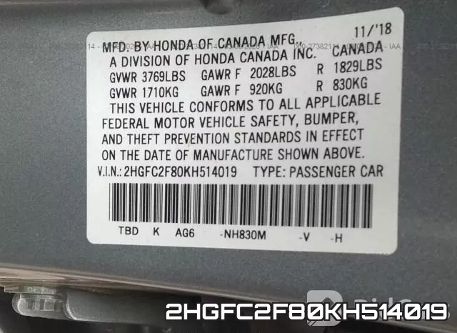 2HGFC2F80KH514019 фото 10