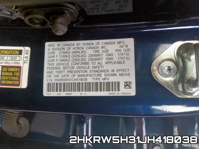 2HKRW5H31JH418038 фото 2