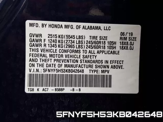 5FNYF5H53KB042648 фото 2