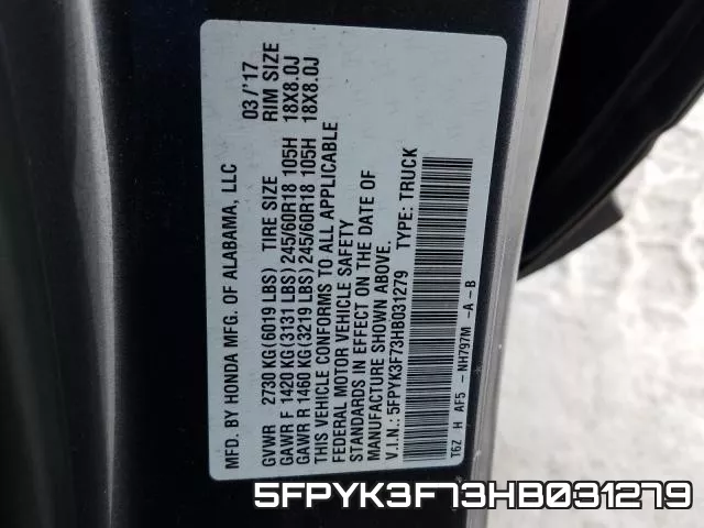 5FPYK3F73HB031279 фото 2