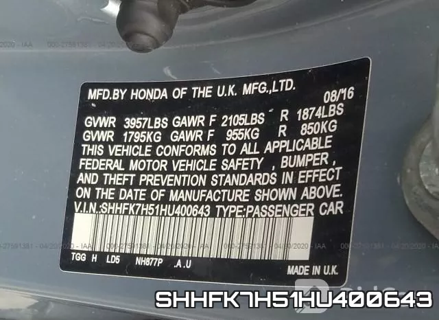 SHHFK7H51HU400643 фото 10