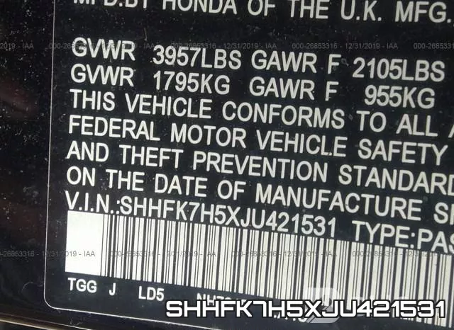 SHHFK7H5XJU421531 фото 10