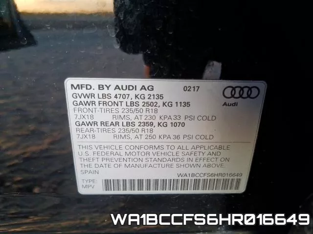 WA1BCCFS6HR016649 фото 2