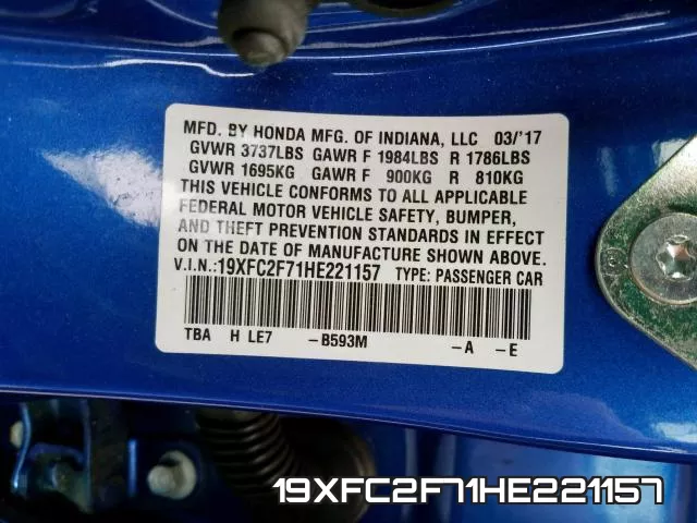 19XFC2F71HE221157 фото 2