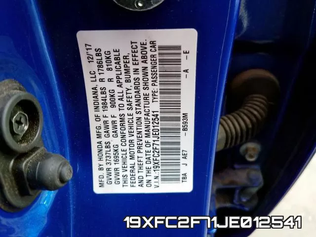 19XFC2F71JE012541 фото 2