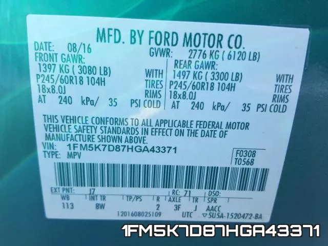 1FM5K7D87HGA43371 фото 2