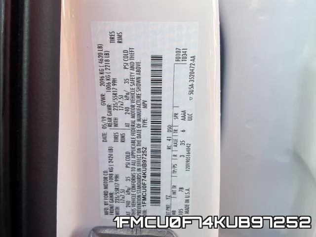 1FMCU0F74KUB97252 фото 2