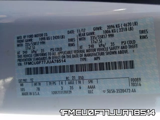 1FMCU0F77JUA78514 фото 2