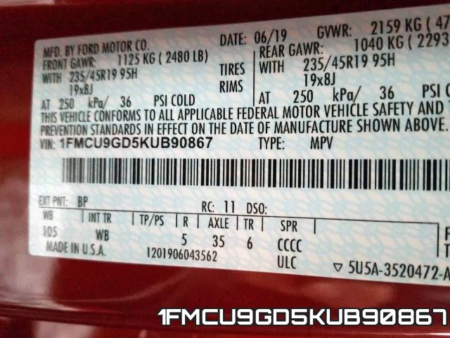 1FMCU9GD5KUB90867 фото 2