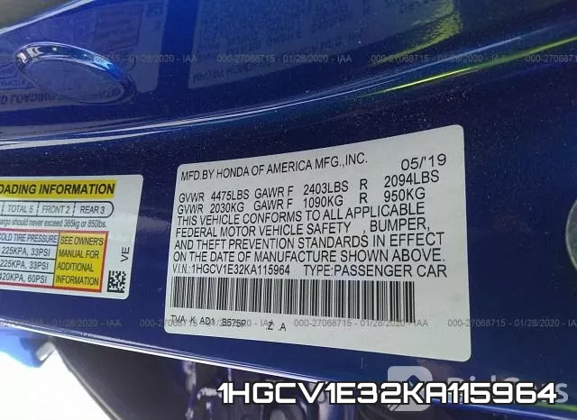 1HGCV1E32KA115964 фото 10