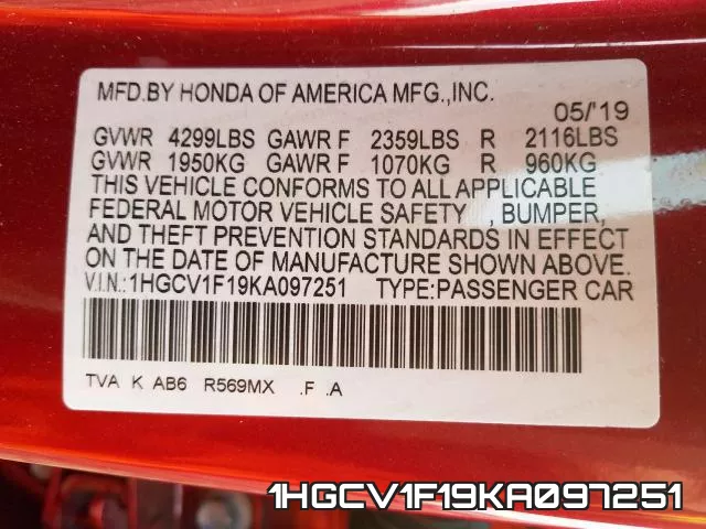 1HGCV1F19KA097251 фото 2