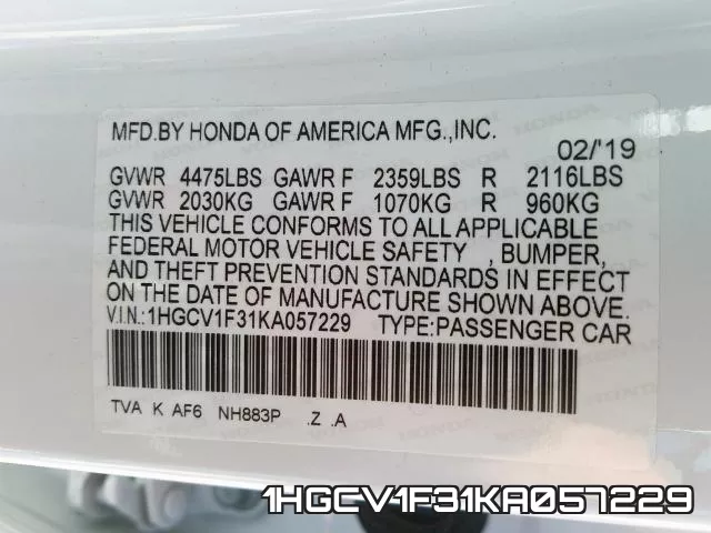 1HGCV1F31KA057229 фото 2