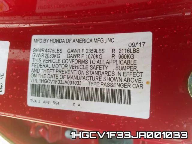 1HGCV1F33JA001033 фото 2