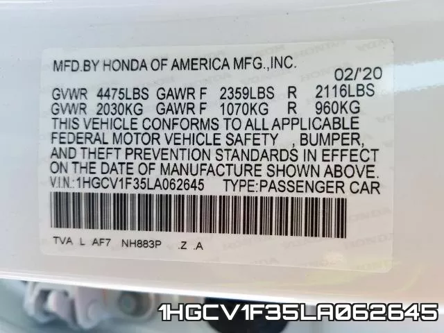 1HGCV1F35LA062645 фото 2