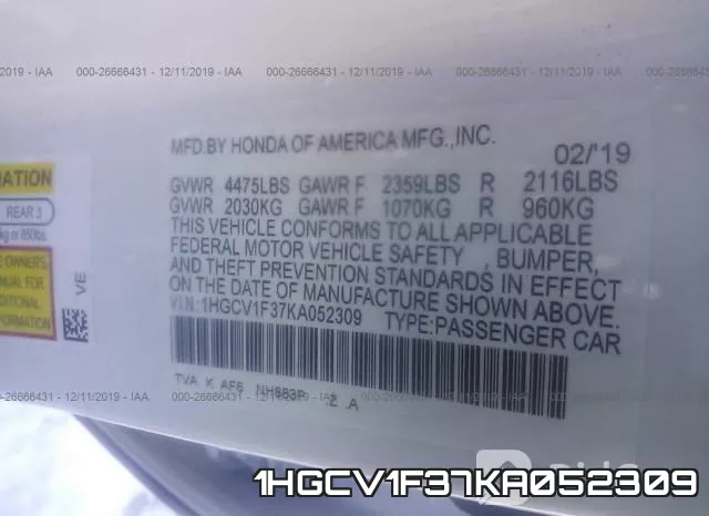 1HGCV1F37KA052309 фото 10