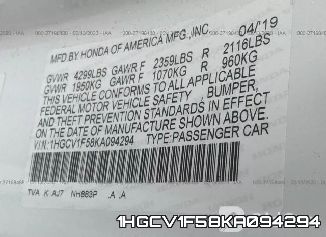 1HGCV1F58KA094294 фото 10