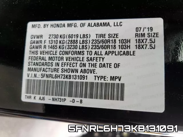 5FNRL6H73KB131091 фото 2