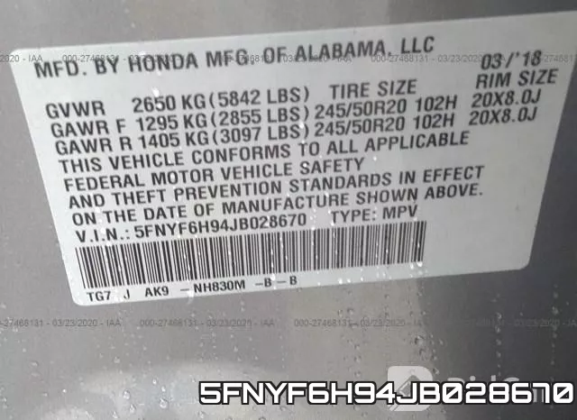 5FNYF6H94JB028670 фото 10
