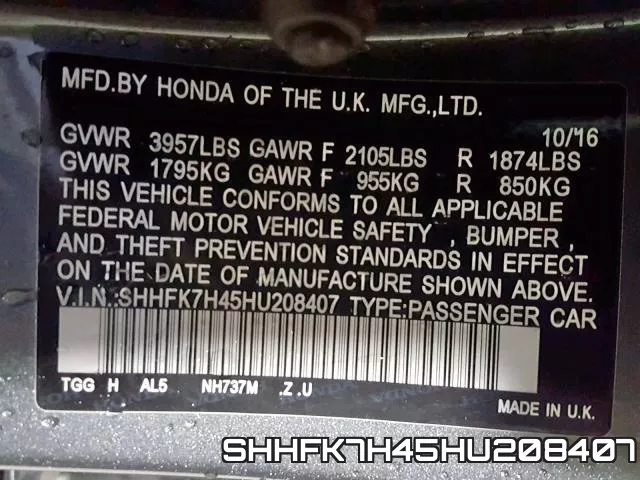 SHHFK7H45HU208407 фото 2