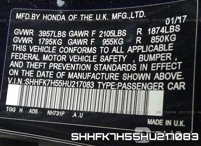 SHHFK7H55HU217083 фото 10