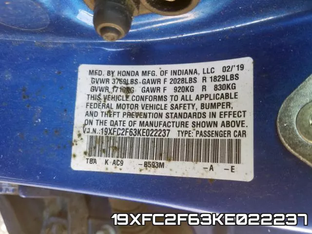 19XFC2F63KE022237 фото 2