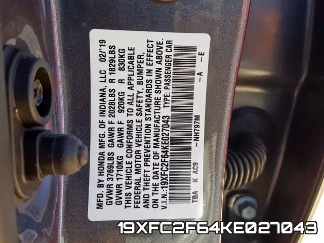 19XFC2F64KE027043 фото 2