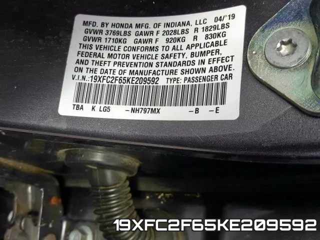 19XFC2F65KE209592 фото 2