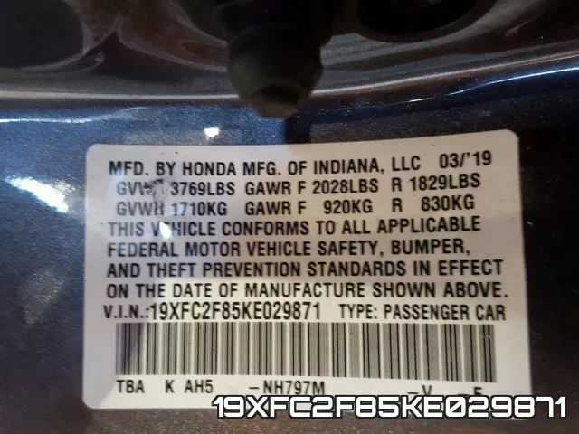 19XFC2F85KE029871 фото 2