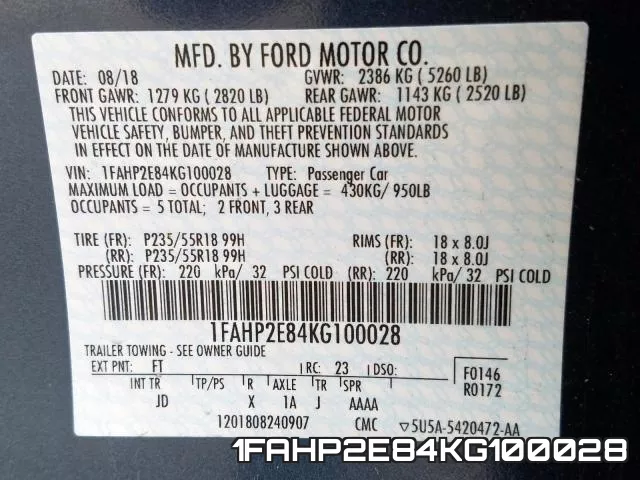 1FAHP2E84KG100028 фото 2