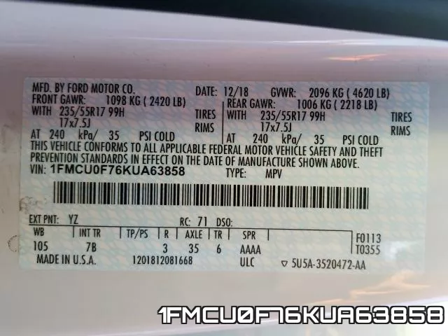 1FMCU0F76KUA63858 фото 2