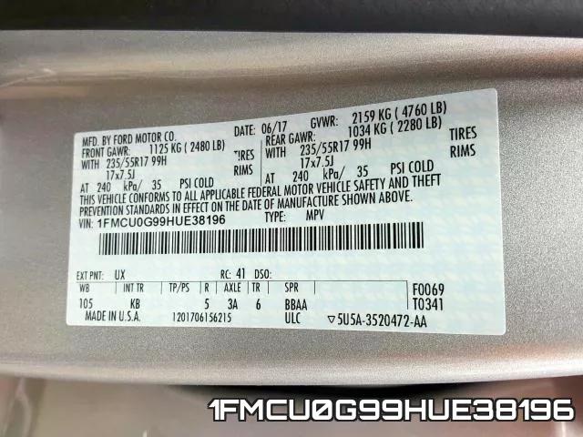 1FMCU0G99HUE38196 фото 2