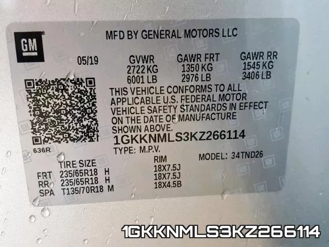 1GKKNMLS3KZ266114 фото 2