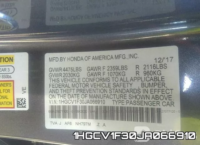 1HGCV1F30JA066910 фото 10