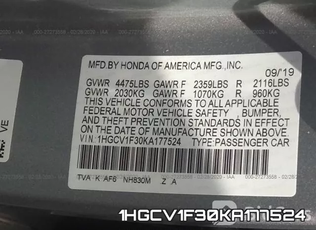 1HGCV1F30KA177524 фото 10