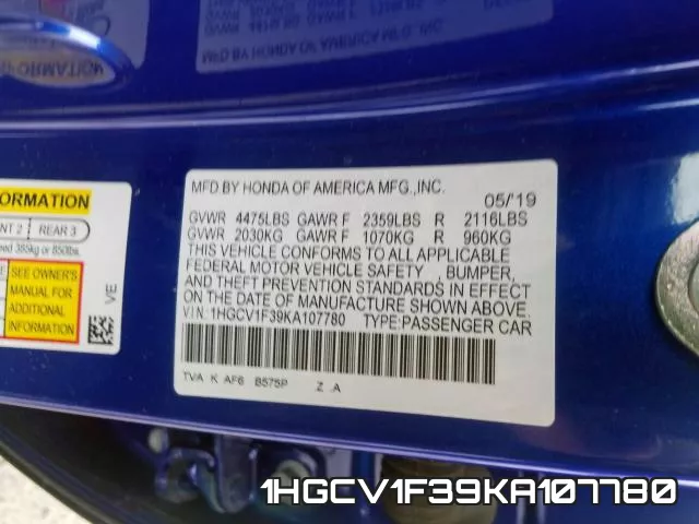 1HGCV1F39KA107780 фото 2