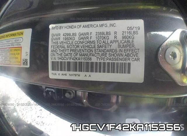 1HGCV1F42KA115356 фото 10