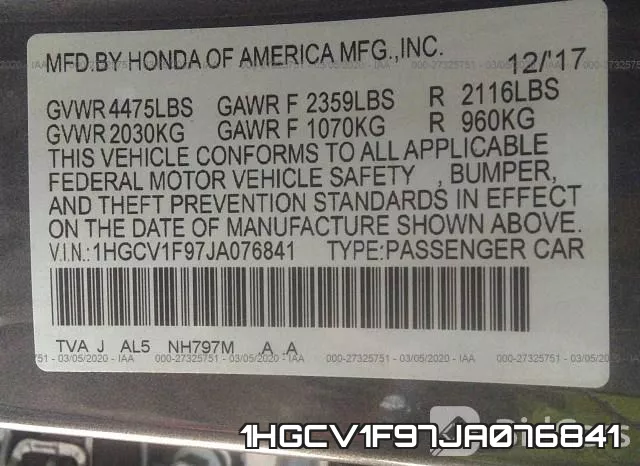 1HGCV1F97JA076841 фото 10