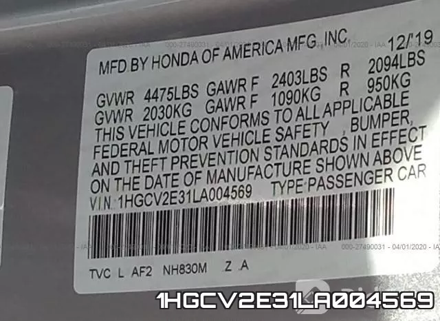 1HGCV2E31LA004569 фото 10