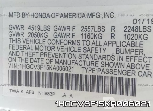 1HGCV3F15KA006021 фото 10