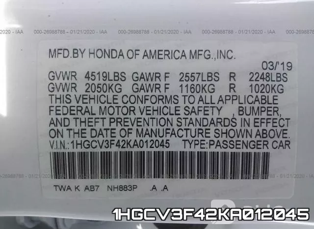 1HGCV3F42KA012045 фото 10