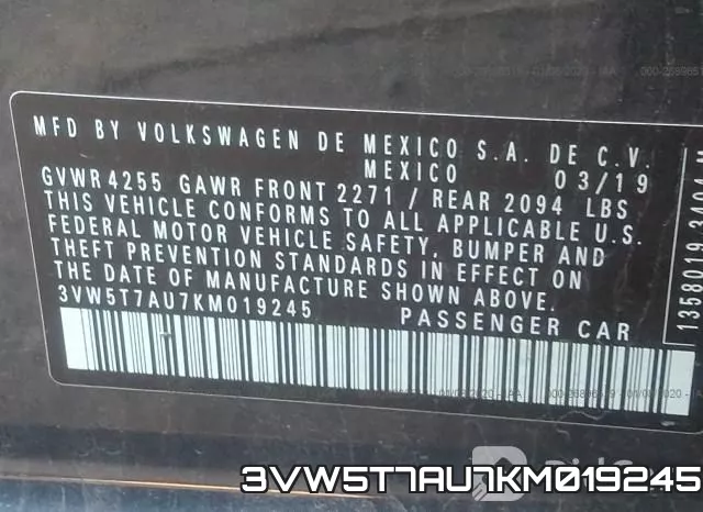 3VW5T7AU7KM019245 фото 10