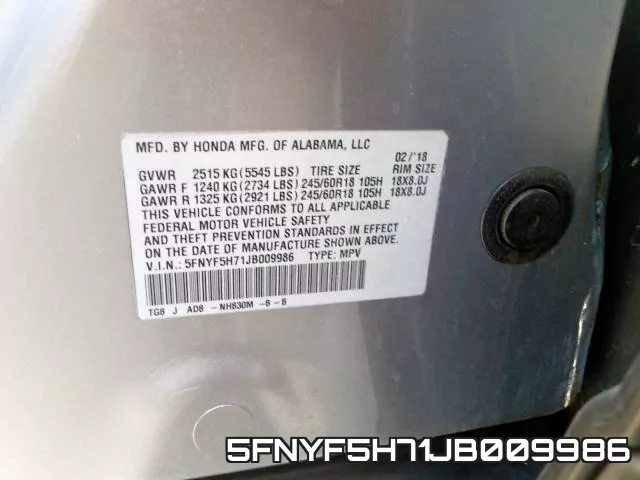 5FNYF5H71JB009986 фото 2