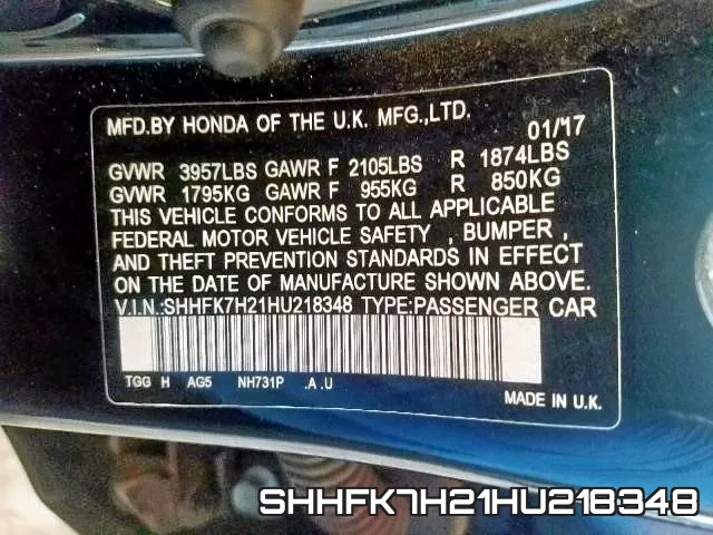 SHHFK7H21HU218348 фото 2